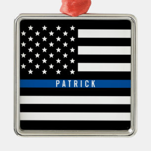 Police Thin Blue Line Flag Metal Ornament
