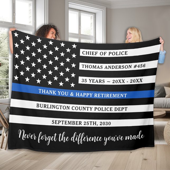 Police Thin Blue Line Flag Personalized Retirement Fleece Blanket (Creator Uploaded)