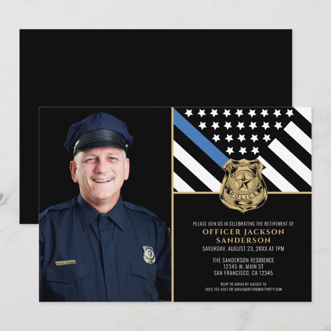 Police Thin Blue Line Flag Photo Retirement Invitation (Front/Back)