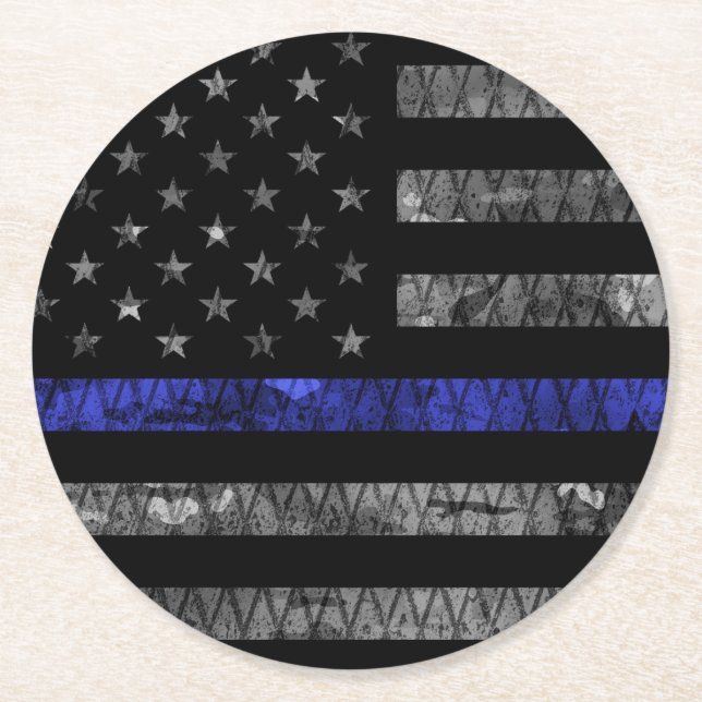 Police Thin Blue Line Flag Round Paper Coaster (Front)