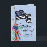 Police Thin Blue Line Flag Seasons Greetings Holiday Card<br><div class="desc">This holiday card for police and law enforcement features an artistically painted thin blue line American flag decorated with red berries and sprigs of pine.. The front of the card reads "Season's Greetings" with your name to personalize. Inside of the card has a custom message with your signature. Designed by...</div>