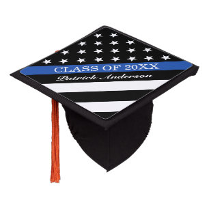 Police Thin Blue Line Flag with Name Graduation Cap Topper
