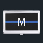 Police Thin Blue Line Monogram Business Card Holder<br><div class="desc">This business card case features a police thin blue line design with a horizontal blue stripe on a black background and a monogram initial in white for you to personalize.  Gift idea for police officers.</div>