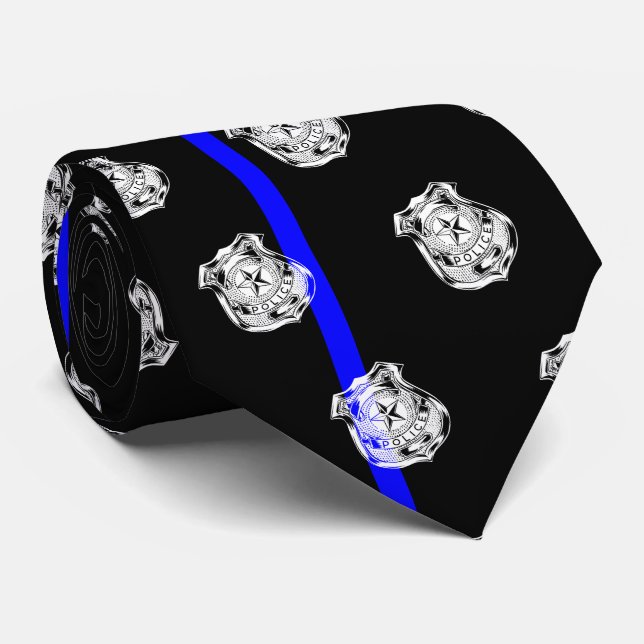 Police Thin Blue Line Officer Badge Pattern Black Tie (Rolled)