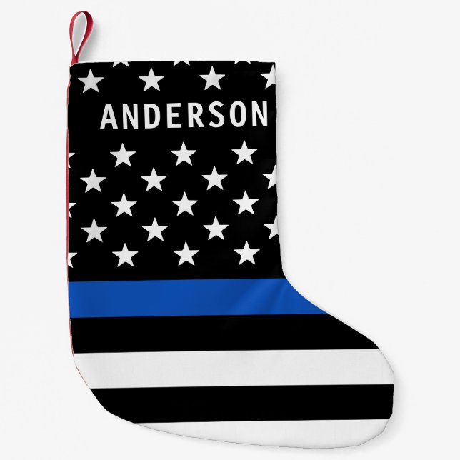 Police Thin Blue Line Personalized American Flag   Small Christmas Stocking (Front)