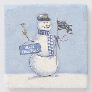 Police Thin Blue Line Snowman Christmas Stone Coaster