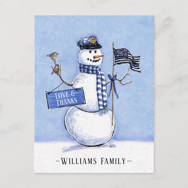 Police Thin Blue Line Snowman Holiday Thank You Postcard (Front)