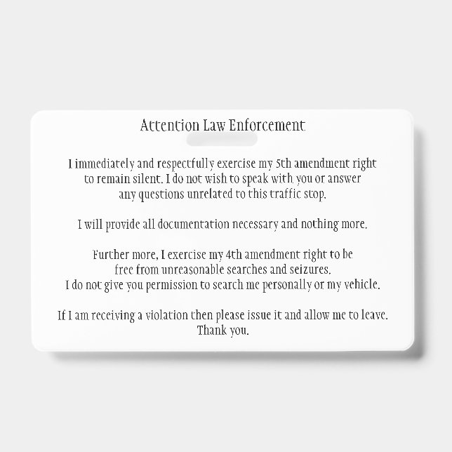 Police Traffic Stop Know Your Rights Card Badge (Front)