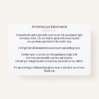 Police Traffic Stop Know Your Rights Card Badge