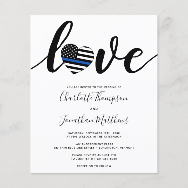Police Wedding Thin Blue Line Budget Invitation (Front)