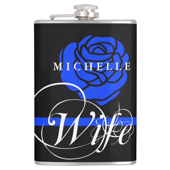 Police Wife Thin Blue Line Rose Custom Name Hip Flask (Front)