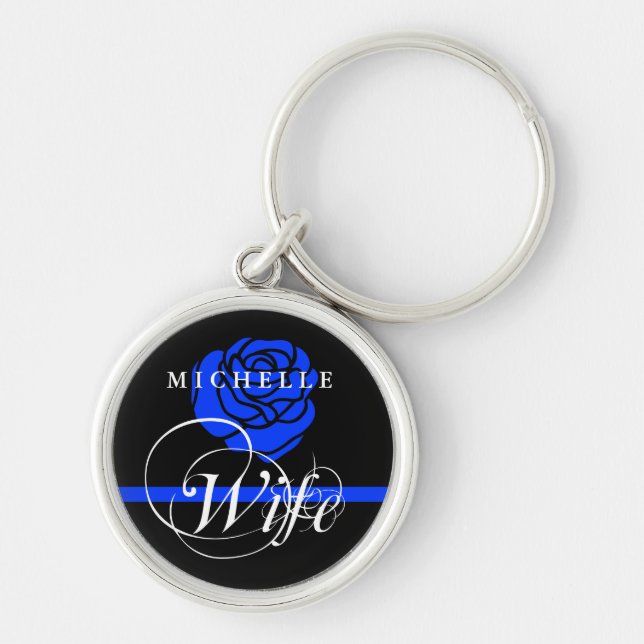 Police Wife Thin Blue Line Rose Custom Name Keychain (Front)