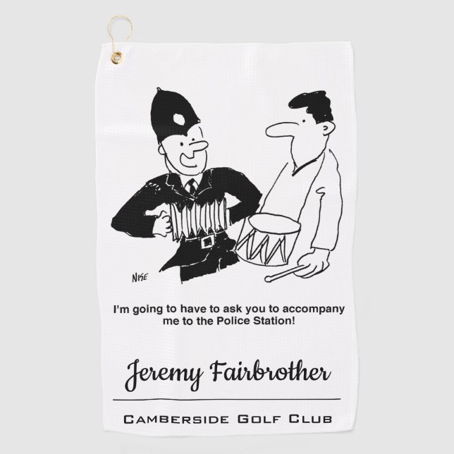 Policeman asks man to accompany him￼ cartoon golf towel (Front)
