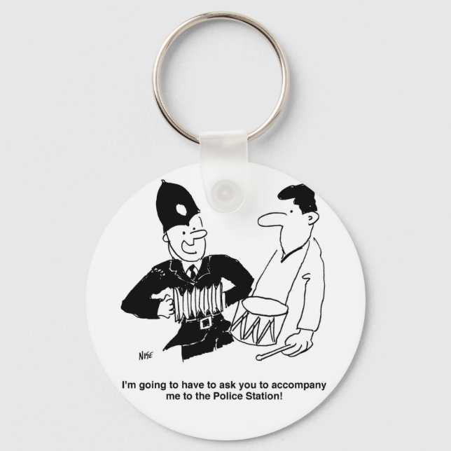 Policeman asks man to accompany him. Funny Cartoon Keychain (Front)