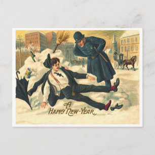 Policeman find a man after New Year party, funny Postcard