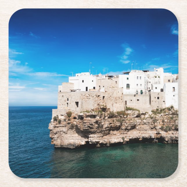 Polignano a Mare houses on a cliff in Puglia Square Paper Coaster (Front)
