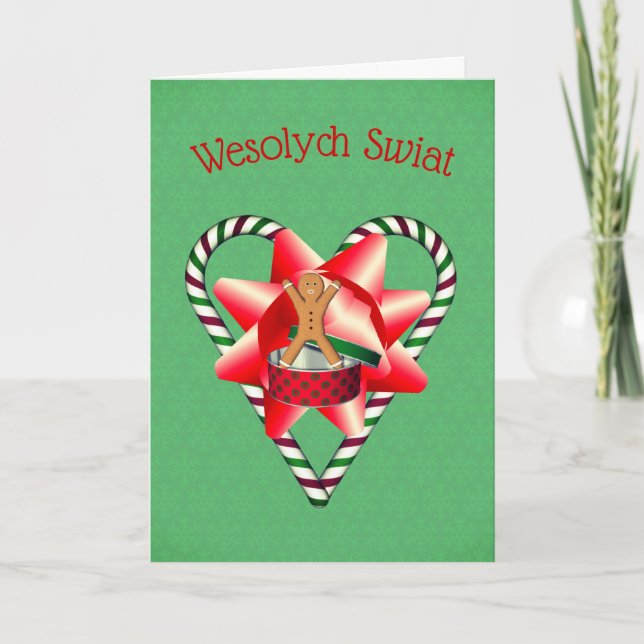 Polish Christmas Greeting Candy Cane Bow Holiday Card (Front)
