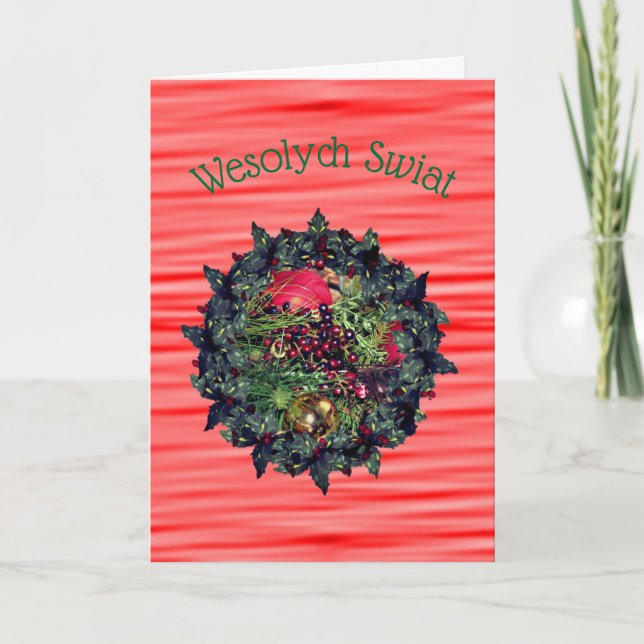 Polish Christmas Greeting Evergreens Wreath Holiday Card (Front)