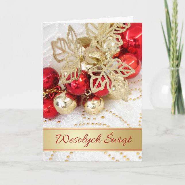 Polish Christmas Red Gold Baubles Leaves  Holiday Card (Front)