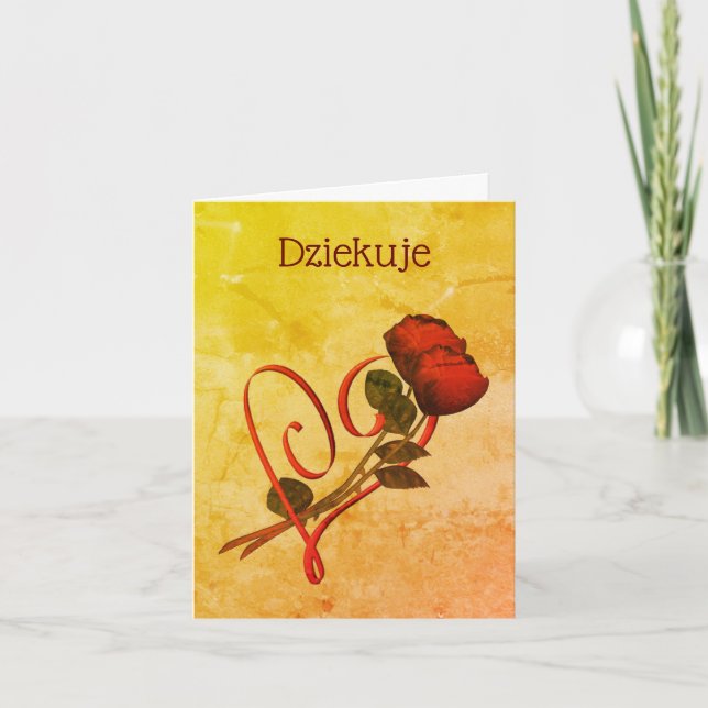 Polish Dziekuje Thank You Red Roses Heart Card (Front)