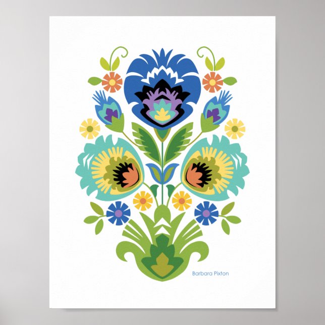 Polish Floral Blue & Teal Papercut Design Poster (Front)