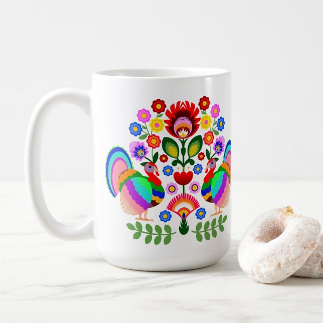 Polish folk art - floral embroidery pattern coffee mug (With Donut)