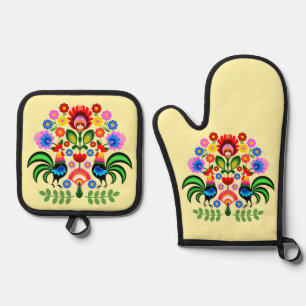 Polish folk art - floral embroidery pattern oven mitt & pot holder set