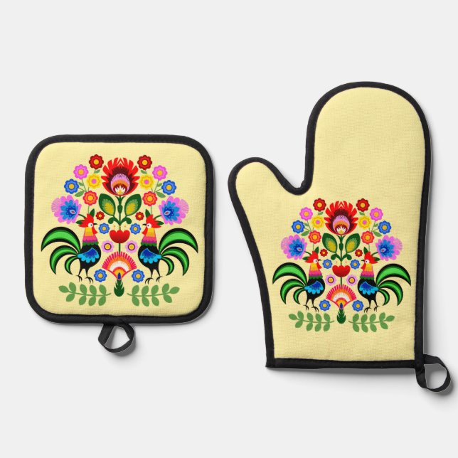 Polish folk art - floral embroidery pattern oven mitt & pot holder set (Front)