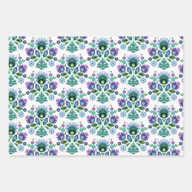 Polish Folk Art Light Blue Flower Wrapping Paper Sheet (Front)