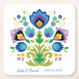 Polish Folk Flowers Blue Lavender Paper Coaster