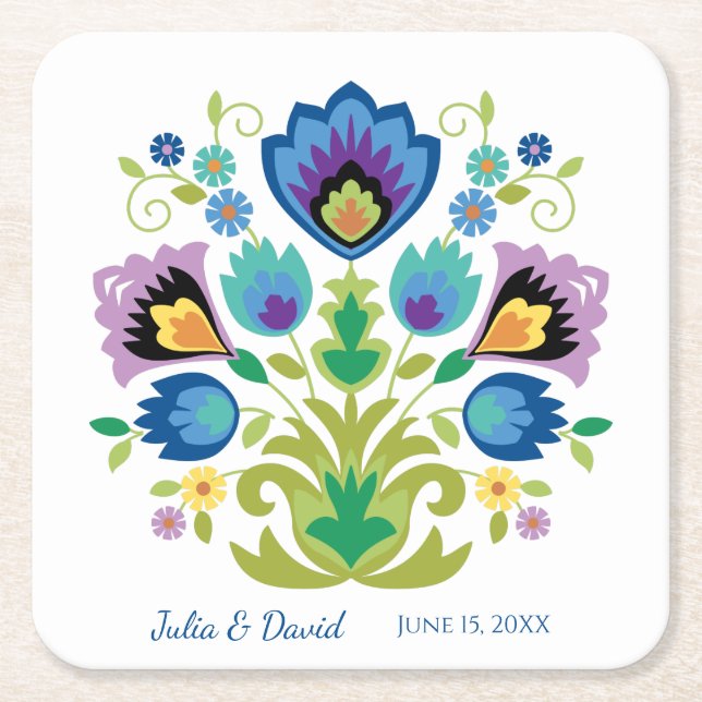 Polish Folk Flowers Blue Lavender Paper Coaster (Front)