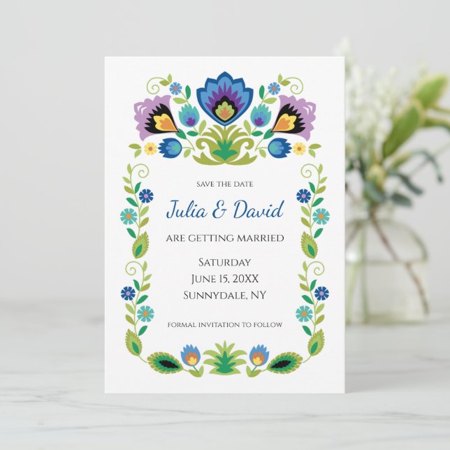 Polish Folk Flowers Blue Lavender Save The Date (Standing Front)