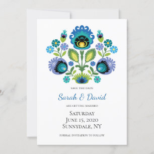 Polish Folk Flowers Blue Teal Save the Date Invitation