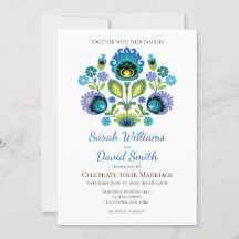 Polish Folk Flowers Blue Teal Wedding Invitation
