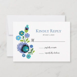 Polish Folk Flowers Blue Teal Wedding RSVP Card