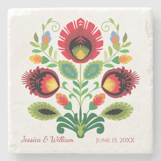 Polish Folk Flowers Red Stone Coaster (Front)