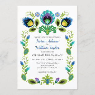 Polish Folk Flowers Teal Wedding Invitation