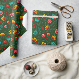 Polish Folk Flowers Wycinanki Green Wrapping Paper