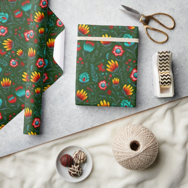 Polish Folk Flowers Wycinanki Green Wrapping Paper (Crafts)