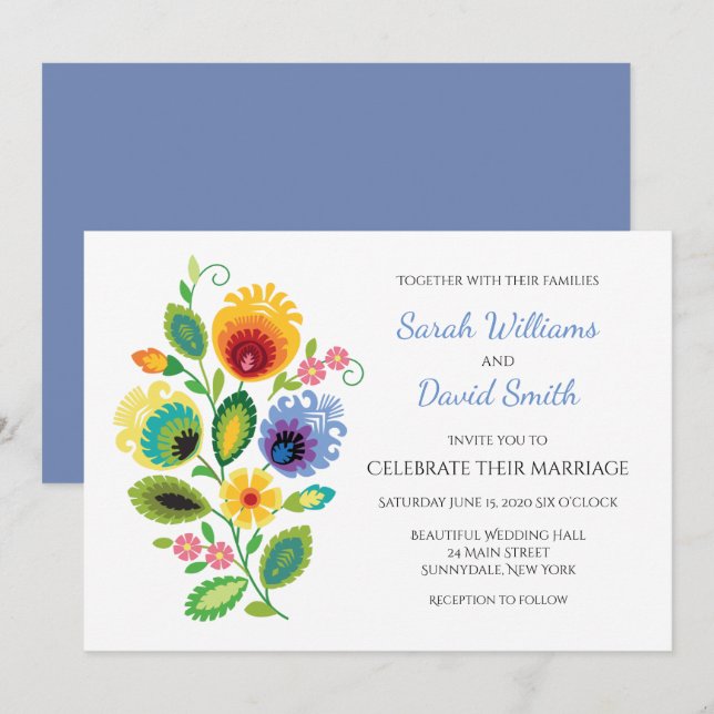 Polish Folk Flowers Yellow Wedding Invitation (Front/Back)