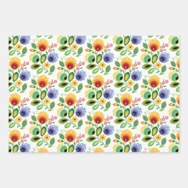 Polish Folk Flowers Yellow Wrapping Paper Sheet (Front)