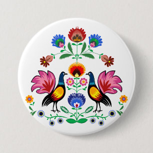 Polish Folk With Decorative Floral & Cockerels 3 Inch Round Button