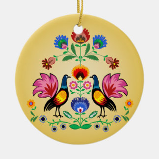Polish Folk With Decorative Floral & Cockerels Ceramic Ornament