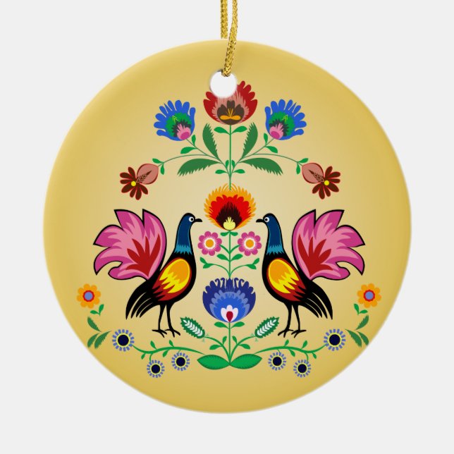 Polish Folk With Decorative Floral & Cockerels Ceramic Ornament (Front)