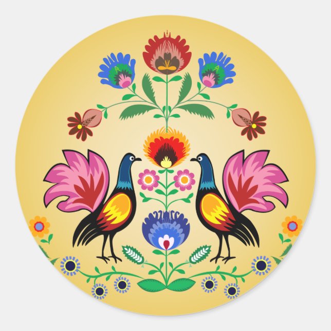 Polish Folk With Decorative Floral & Cockerels Classic Round Sticker (Front)