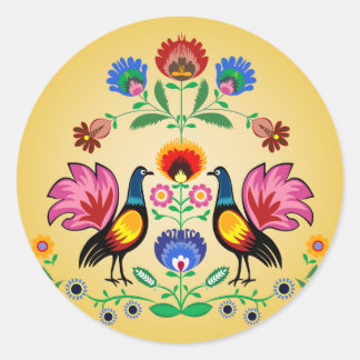 Polish Folk With Decorative Floral & Cockerels Classic Round Sticker