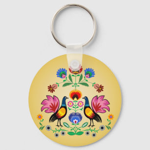 Polish Folk With Decorative Floral & Cockerels Keychain