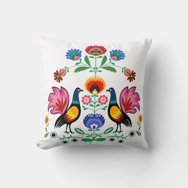Polish Folk With Decorative Floral & Cockerels, Throw Pillow (Front)