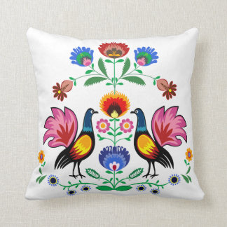 Polish Folk With Decorative Floral & Cockerels, Throw Pillow