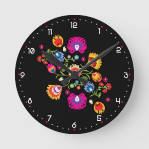 Polish folklore with pink flowers round clock